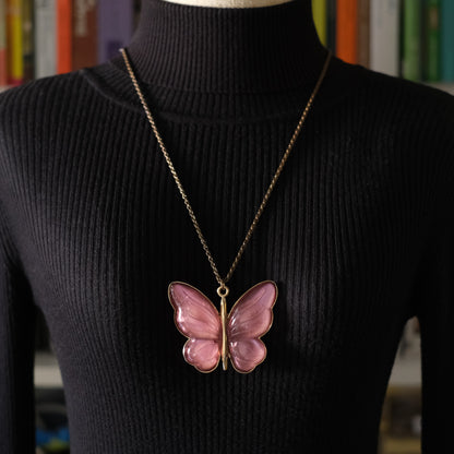 Vintage Pink Butterfly Pendant Necklace – Translucent Wings, Gold-Tone Setting, Statement 36” Chain