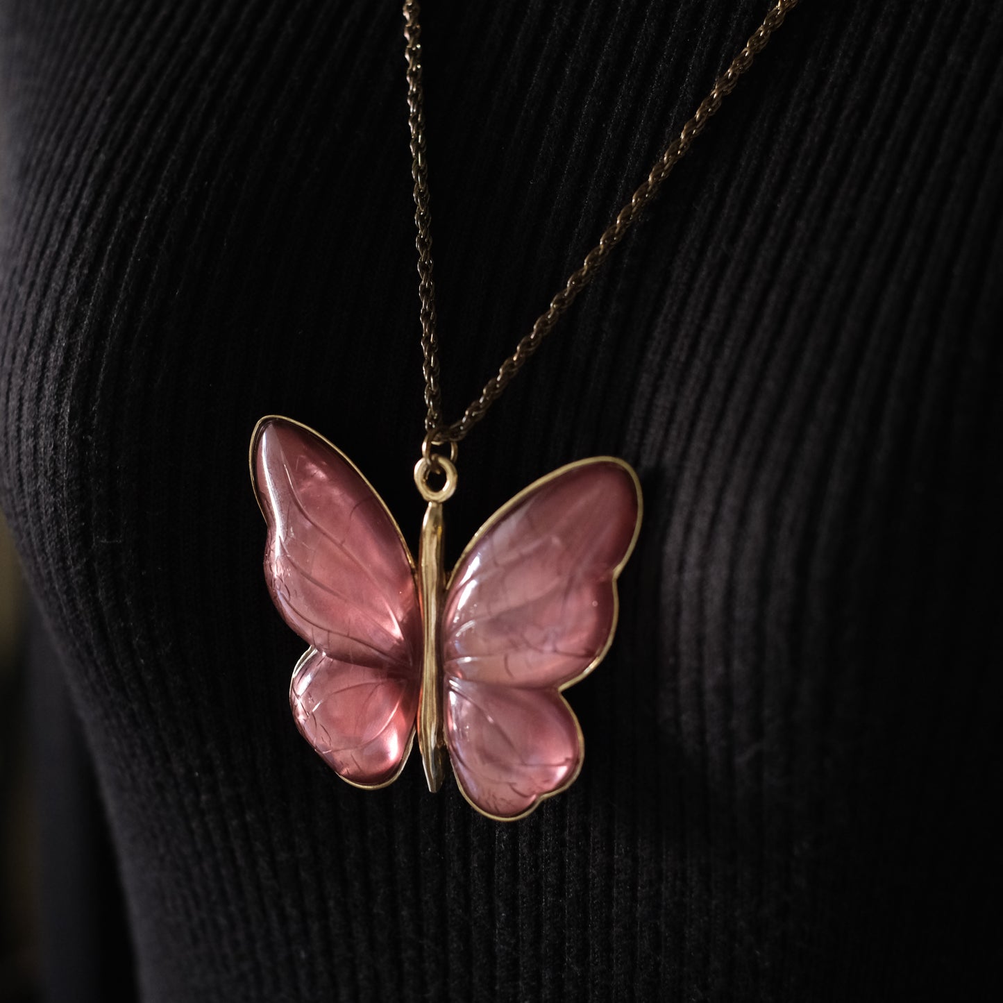 Vintage Pink Butterfly Pendant Necklace – Translucent Wings, Gold-Tone Setting, Statement 36” Chain