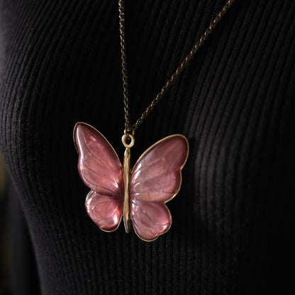 Vintage Pink Butterfly Pendant Necklace – Translucent Wings, Gold-Tone Setting, Statement 36” Chain