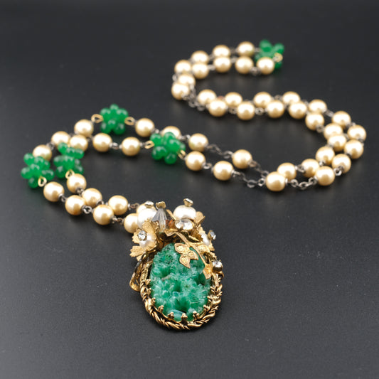 Vintage Possible Miriam Haskell Faux Pearl & Carved Green Glass Pendant Necklace