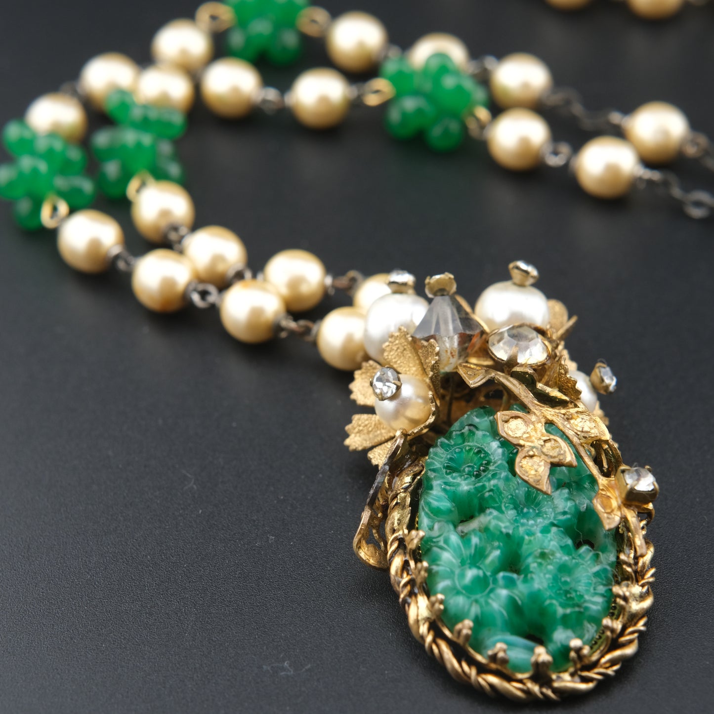 Vintage Possible Miriam Haskell Faux Pearl & Carved Green Glass Pendant Necklace
