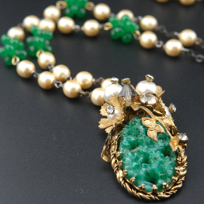 Vintage Possible Miriam Haskell Faux Pearl & Carved Green Glass Pendant Necklace