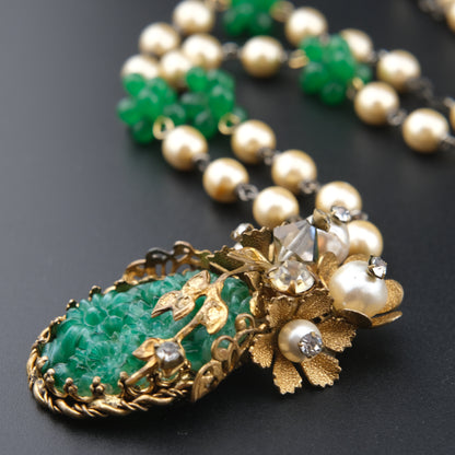 Vintage Possible Miriam Haskell Faux Pearl & Carved Green Glass Pendant Necklace