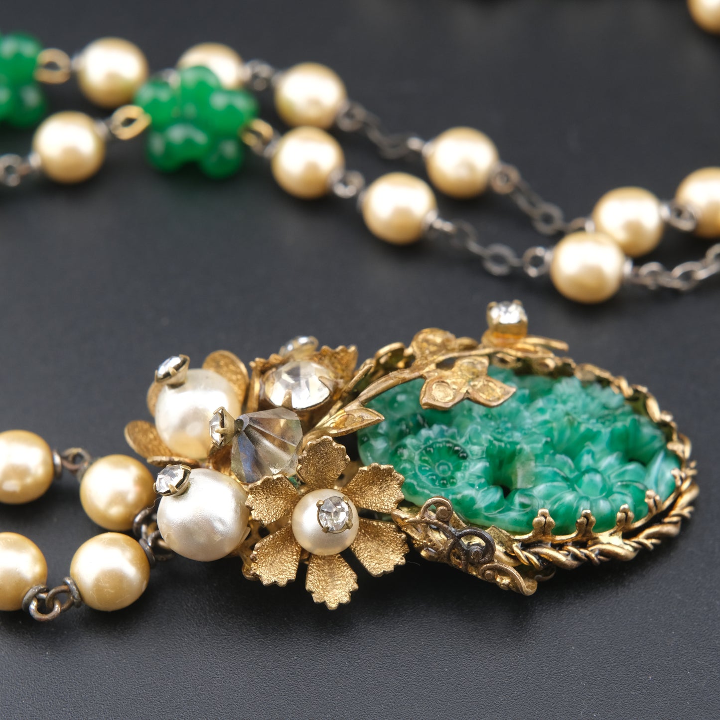 Vintage Possible Miriam Haskell Faux Pearl & Carved Green Glass Pendant Necklace