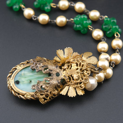 Vintage Possible Miriam Haskell Faux Pearl & Carved Green Glass Pendant Necklace