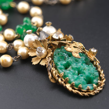Vintage Possible Miriam Haskell Faux Pearl & Carved Green Glass Pendant Necklace