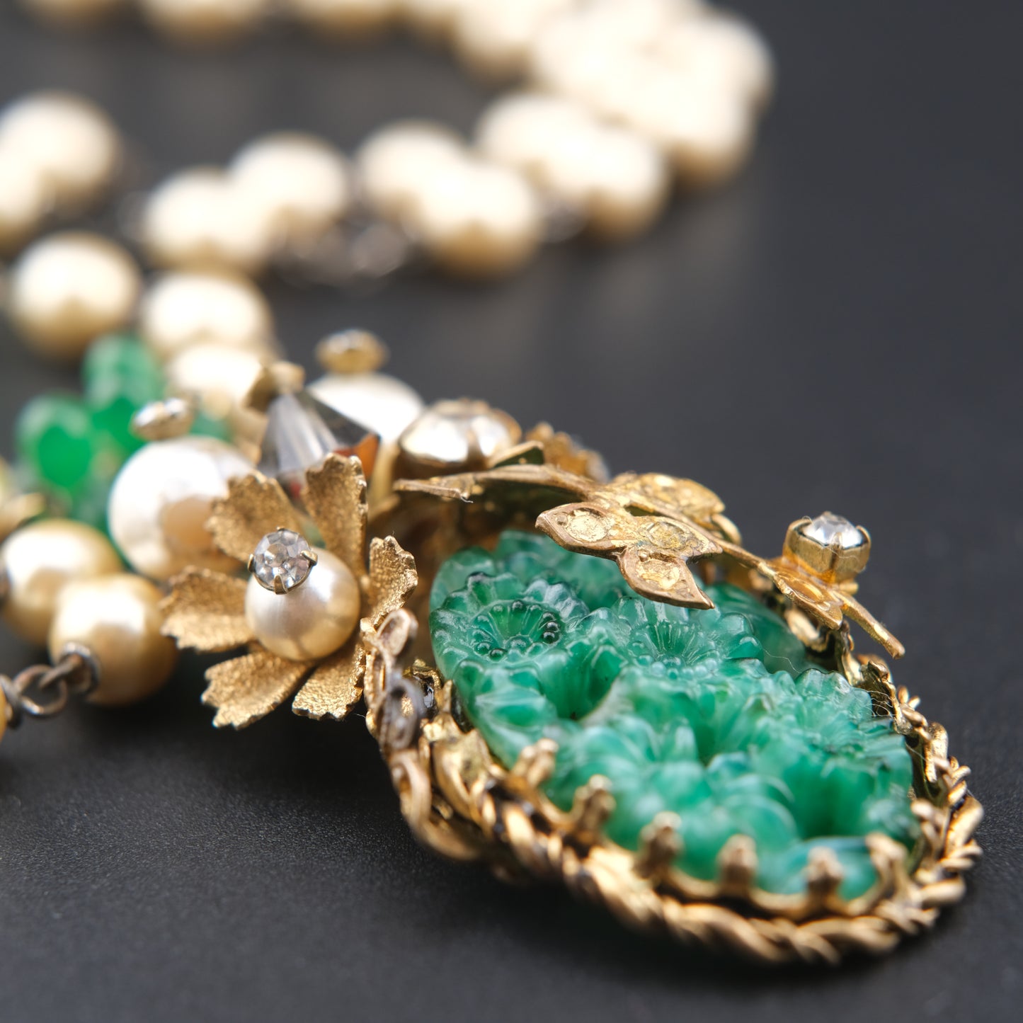 Vintage Possible Miriam Haskell Faux Pearl & Carved Green Glass Pendant Necklace