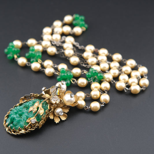 Vintage Possible Miriam Haskell Faux Pearl & Carved Green Glass Pendant Necklace
