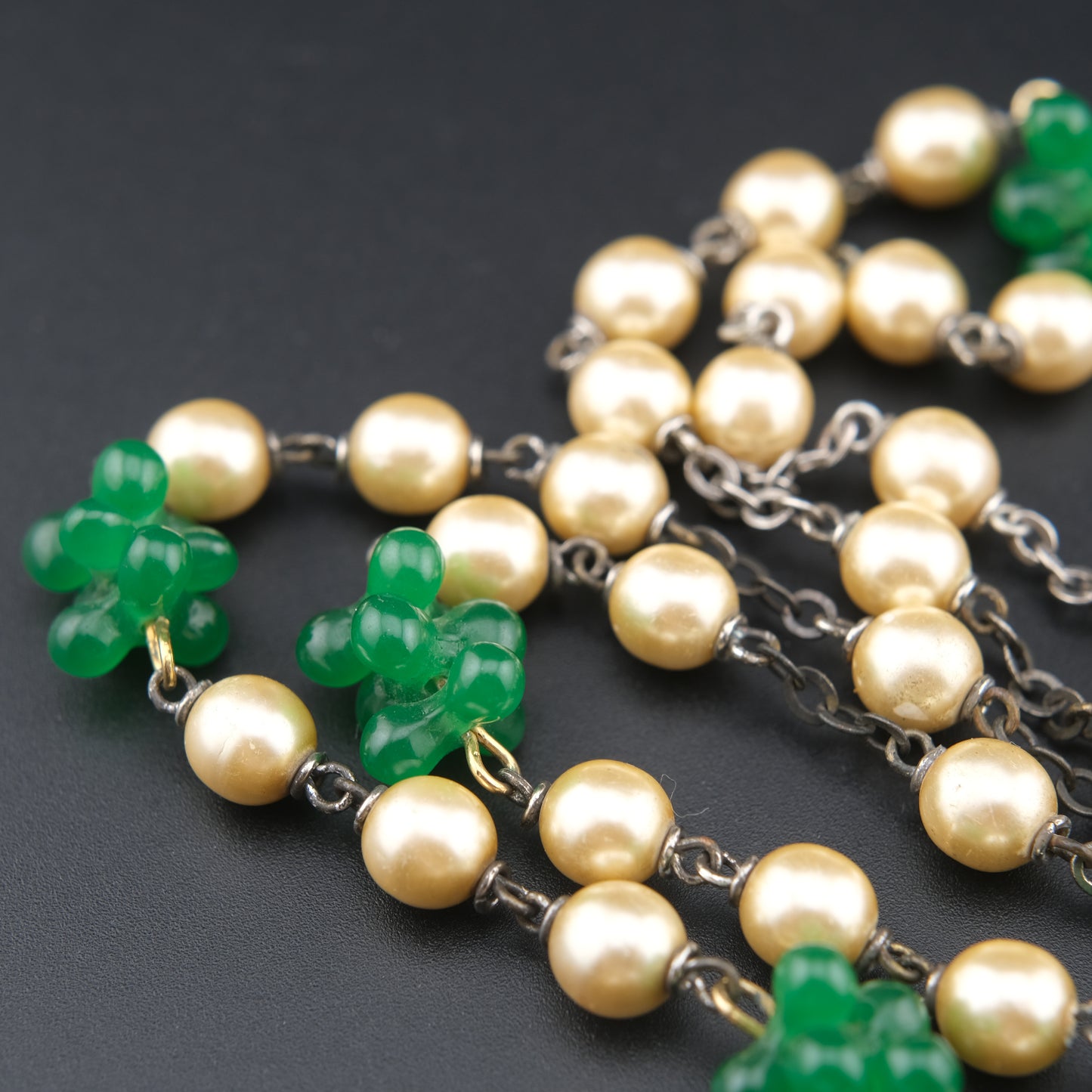 Vintage Possible Miriam Haskell Faux Pearl & Carved Green Glass Pendant Necklace
