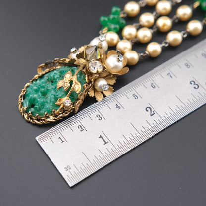 Vintage Possible Miriam Haskell Faux Pearl & Carved Green Glass Pendant Necklace
