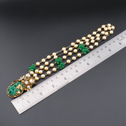 Vintage Possible Miriam Haskell Faux Pearl & Carved Green Glass Pendant Necklace