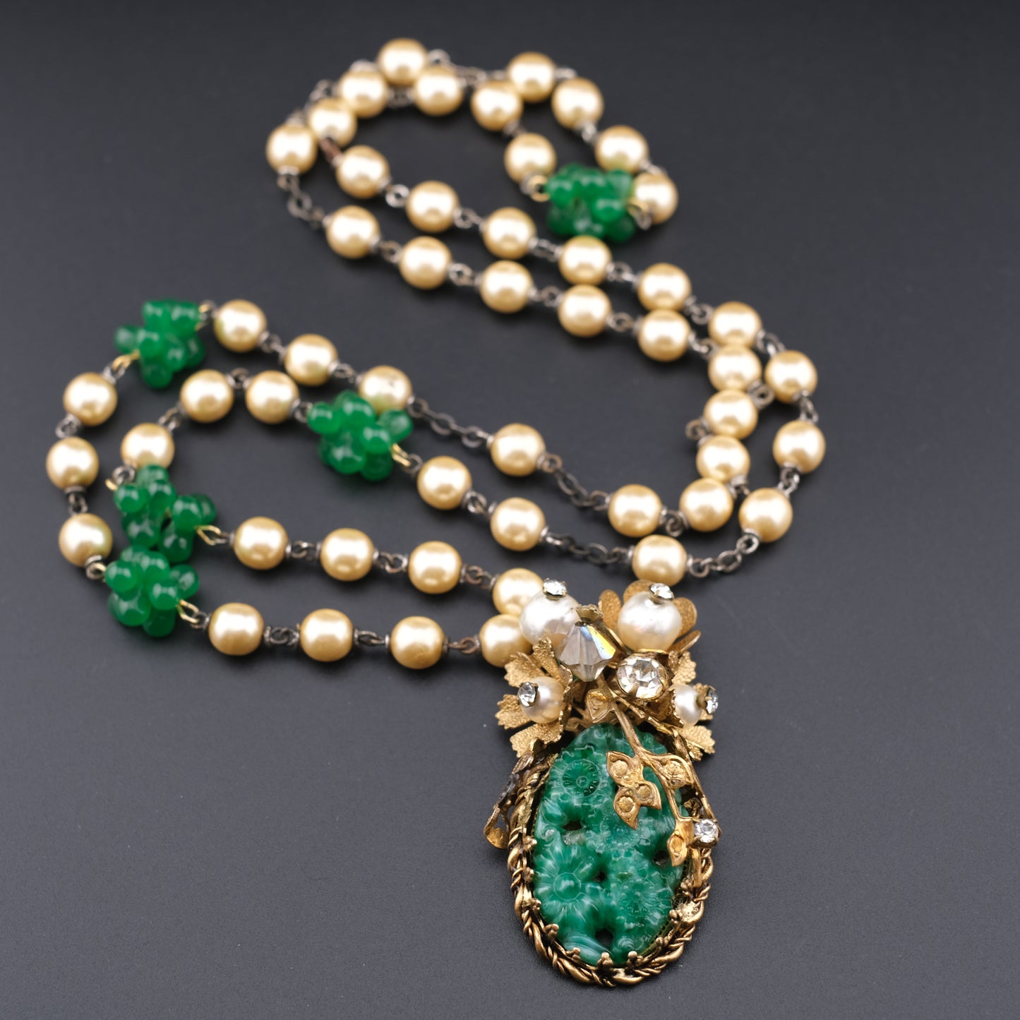 Vintage Possible Miriam Haskell Faux Pearl & Carved Green Glass Pendant Necklace