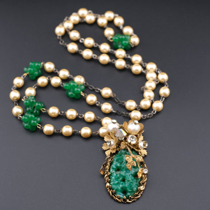 Vintage Possible Miriam Haskell Faux Pearl & Carved Green Glass Pendant Necklace