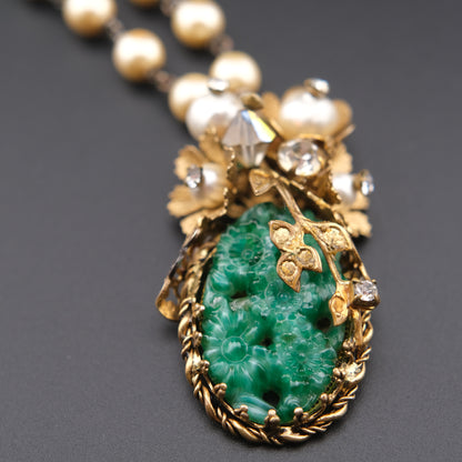 Vintage Possible Miriam Haskell Faux Pearl & Carved Green Glass Pendant Necklace