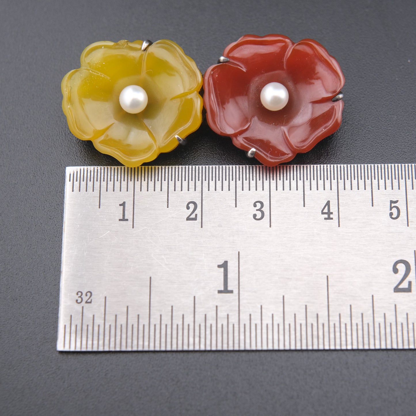 ❤️ Vintage 950 Silver Double Flower Brooch Resin Petals Pearl Center Floral Pin
