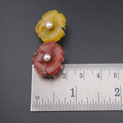 ❤️ Vintage 950 Silver Double Flower Brooch Resin Petals Pearl Center Floral Pin