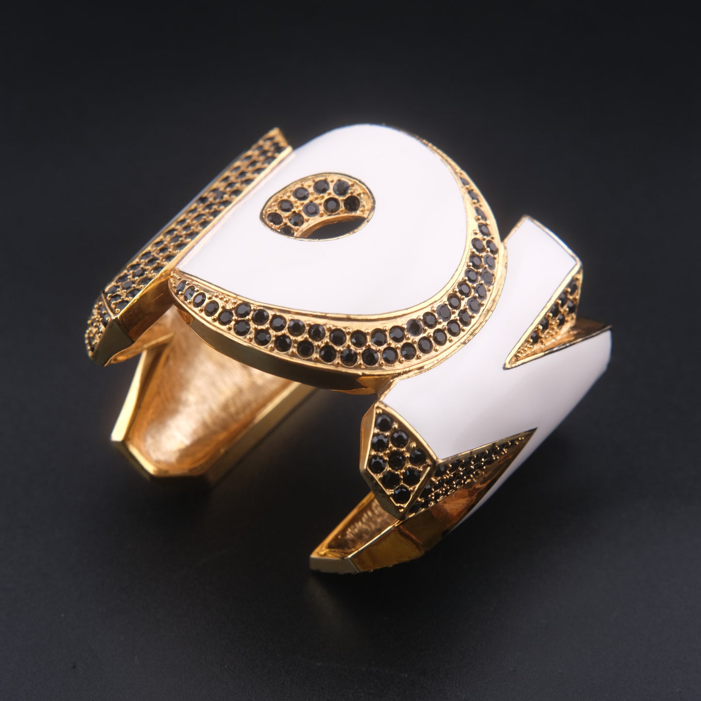 ❤️ Vintage Disaya "WOW" Statement Cuff Bracelet White Enamel Black Rhinestone Gold Tone
