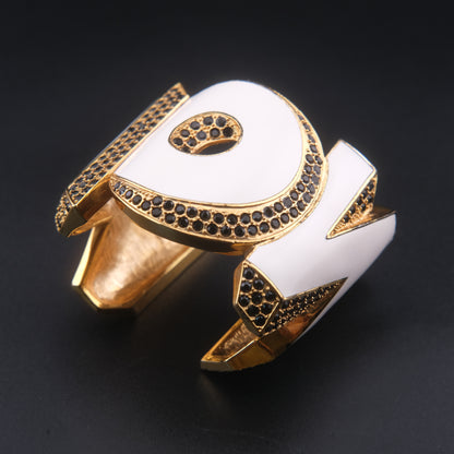 ❤️ Vintage Disaya "WOW" Statement Cuff Bracelet White Enamel Black Rhinestone Gold Tone