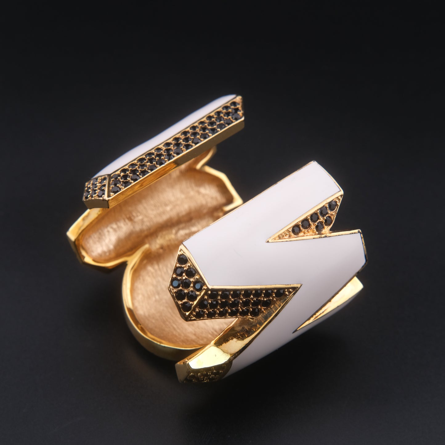 ❤️ Vintage Disaya "WOW" Statement Cuff Bracelet White Enamel Black Rhinestone Gold Tone