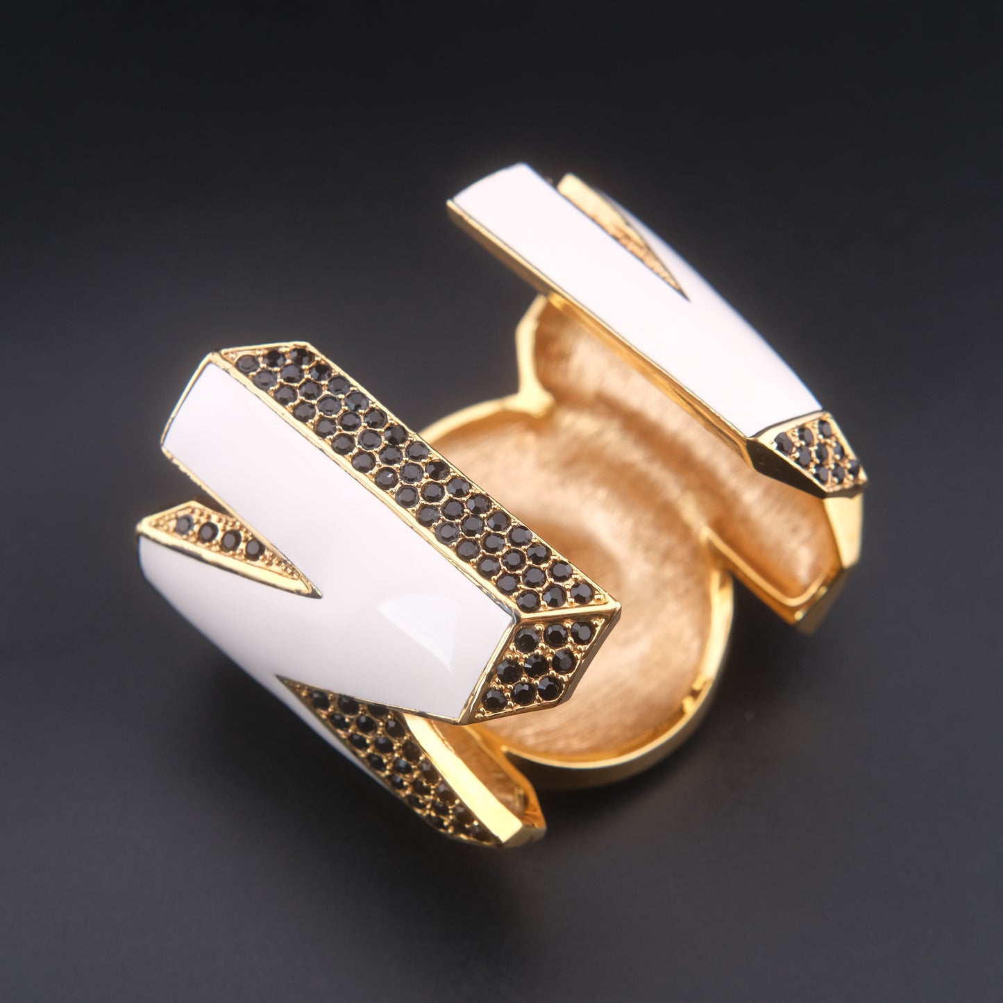 ❤️ Vintage Disaya "WOW" Statement Cuff Bracelet White Enamel Black Rhinestone Gold Tone