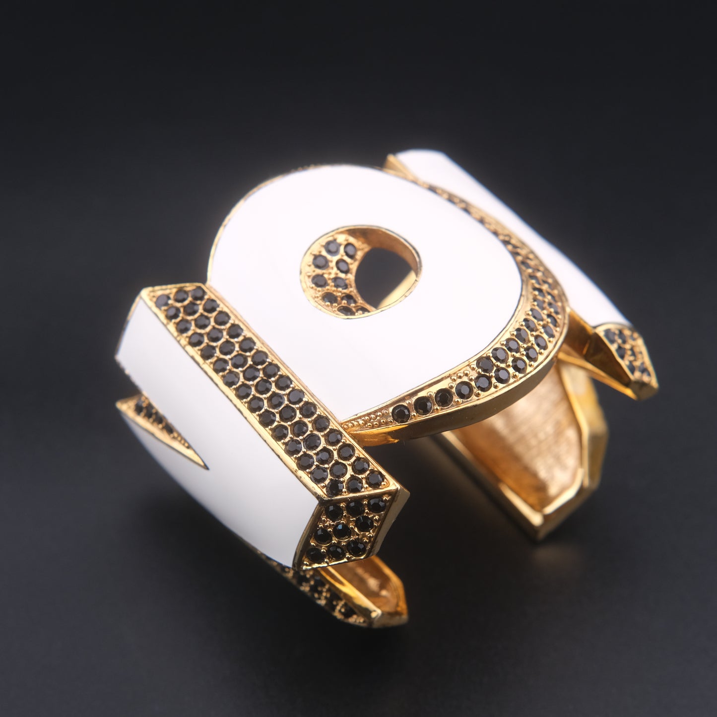 ❤️ Vintage Disaya "WOW" Statement Cuff Bracelet White Enamel Black Rhinestone Gold Tone
