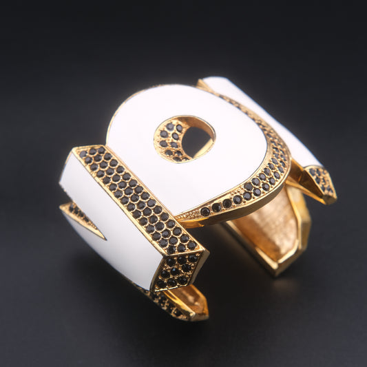 ❤️ Vintage Disaya "WOW" Statement Cuff Bracelet White Enamel Black Rhinestone Gold Tone