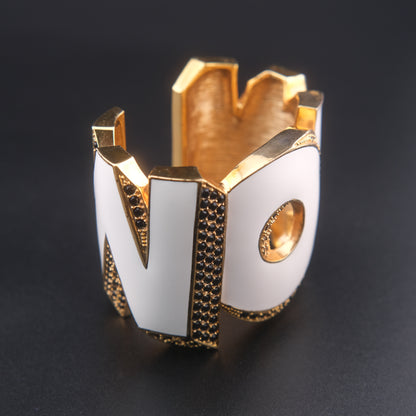 ❤️ Vintage Disaya "WOW" Statement Cuff Bracelet White Enamel Black Rhinestone Gold Tone
