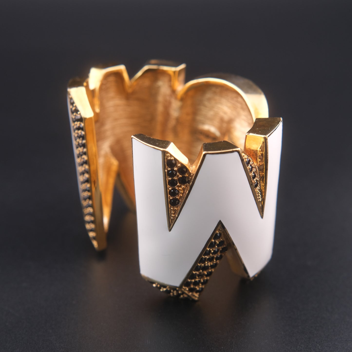 ❤️ Vintage Disaya "WOW" Statement Cuff Bracelet White Enamel Black Rhinestone Gold Tone