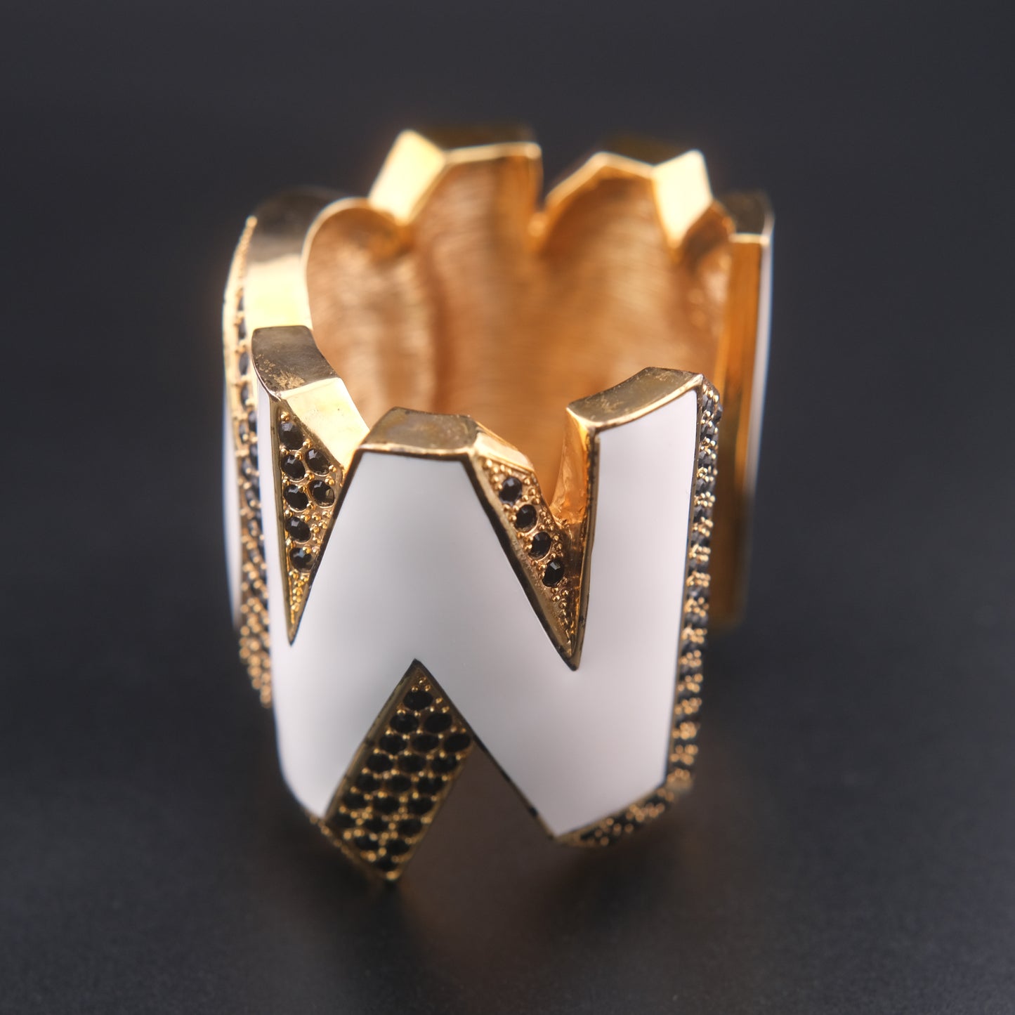 ❤️ Vintage Disaya "WOW" Statement Cuff Bracelet White Enamel Black Rhinestone Gold Tone