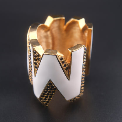 ❤️ Vintage Disaya "WOW" Statement Cuff Bracelet White Enamel Black Rhinestone Gold Tone