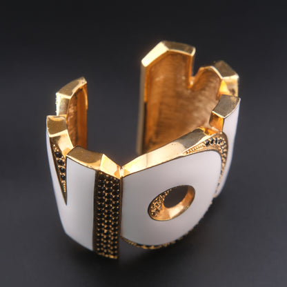 ❤️ Vintage Disaya "WOW" Statement Cuff Bracelet White Enamel Black Rhinestone Gold Tone