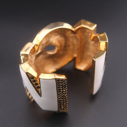❤️ Vintage Disaya "WOW" Statement Cuff Bracelet White Enamel Black Rhinestone Gold Tone