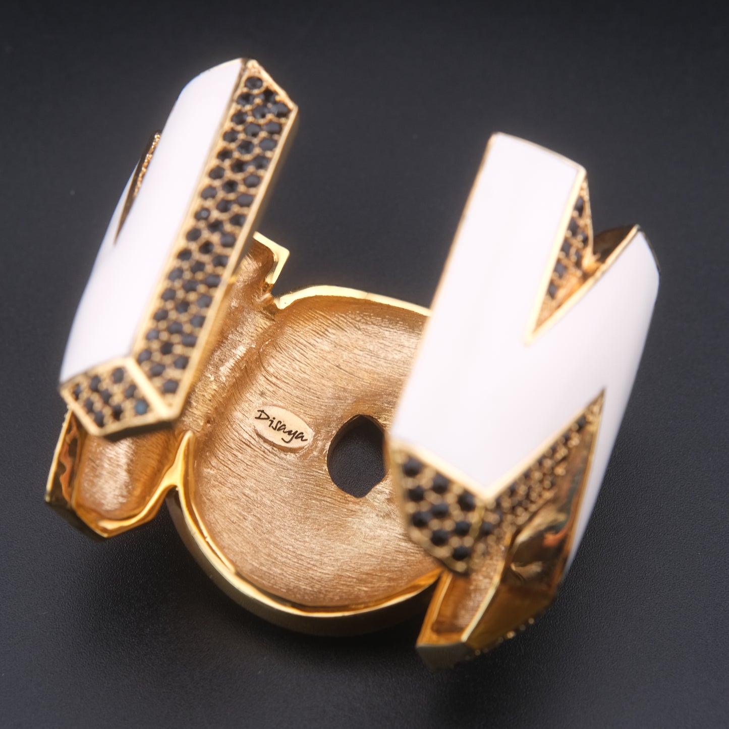 ❤️ Vintage Disaya "WOW" Statement Cuff Bracelet White Enamel Black Rhinestone Gold Tone