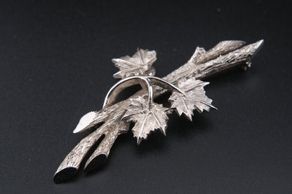 Marcel Boucher Maple Leaf Brooch – Silver-Tone Textured Leaves with Dimensional Branch Design