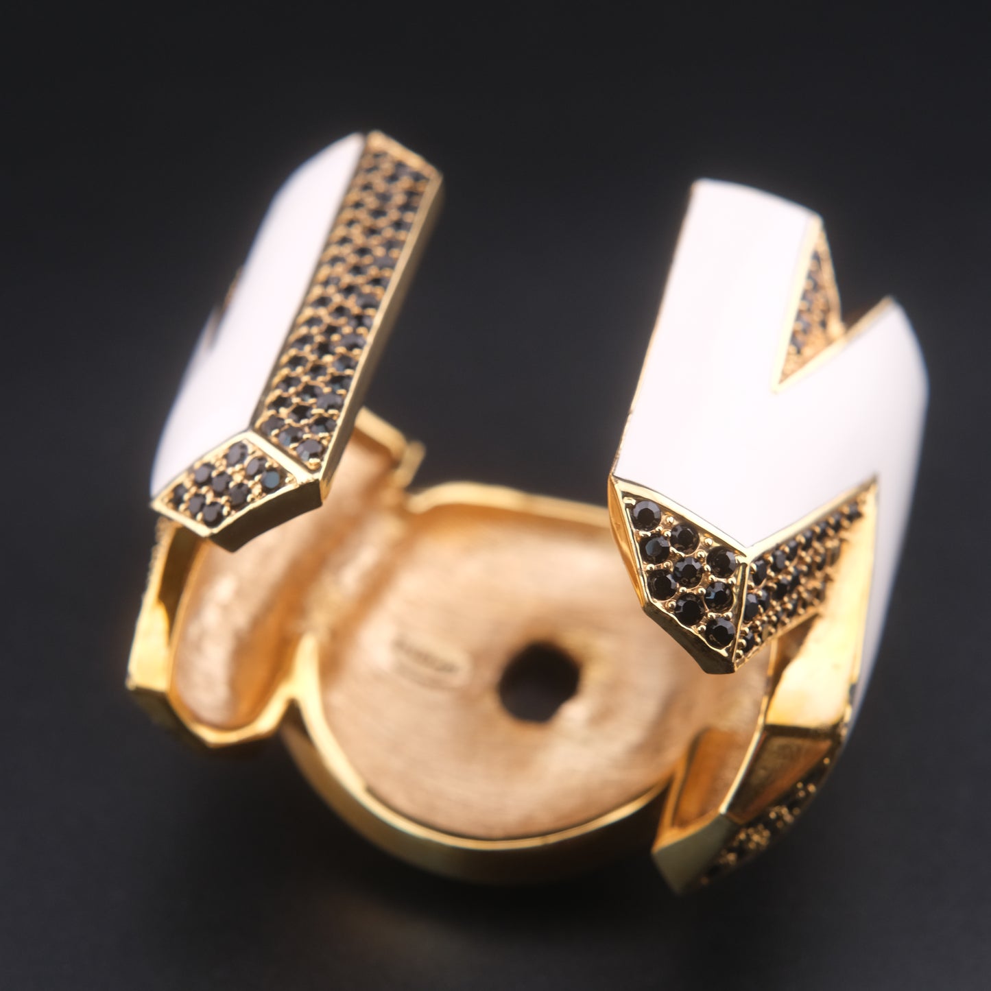 ❤️ Vintage Disaya "WOW" Statement Cuff Bracelet White Enamel Black Rhinestone Gold Tone