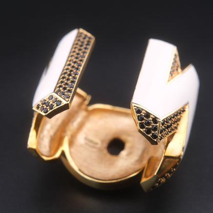 ❤️ Vintage Disaya "WOW" Statement Cuff Bracelet White Enamel Black Rhinestone Gold Tone