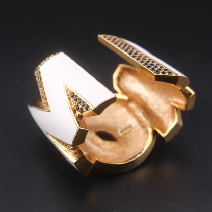 ❤️ Vintage Disaya "WOW" Statement Cuff Bracelet White Enamel Black Rhinestone Gold Tone
