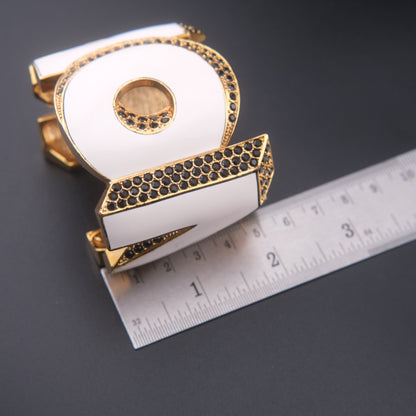 ❤️ Vintage Disaya "WOW" Statement Cuff Bracelet White Enamel Black Rhinestone Gold Tone