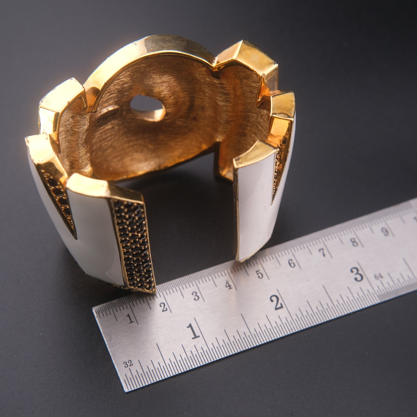 ❤️ Vintage Disaya "WOW" Statement Cuff Bracelet White Enamel Black Rhinestone Gold Tone