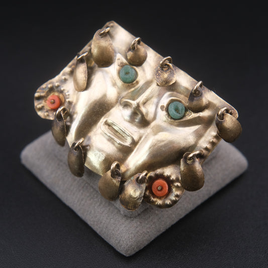 ❤️ Vintage 925 Sterling Silver Tribal Facemask Brooch/Pendant with Turquoise & Coral Dangles