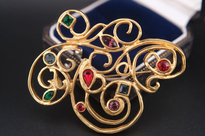 ❤️ Vintage Jean-Louis Scherrer Brooch – Gold-Tone with Multicolor Gemstones