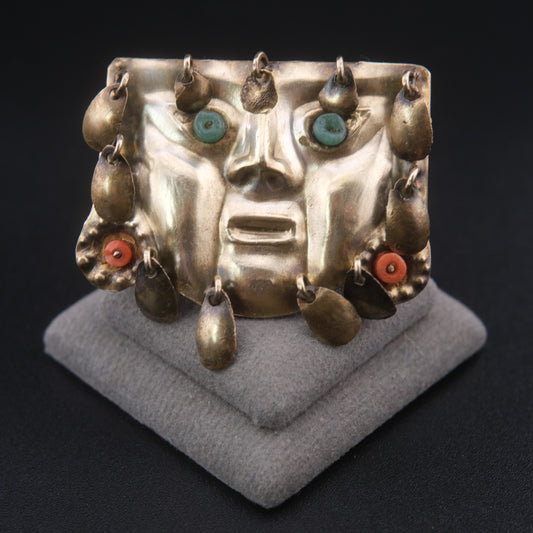 ❤️ Vintage 925 Sterling Silver Tribal Facemask Brooch/Pendant with Turquoise & Coral Dangles