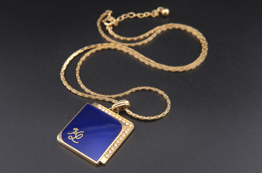 Vintage KL Enamel Pendant Necklace by Karl Lagerfeld – Royal Blue with Pavé Rhinestones