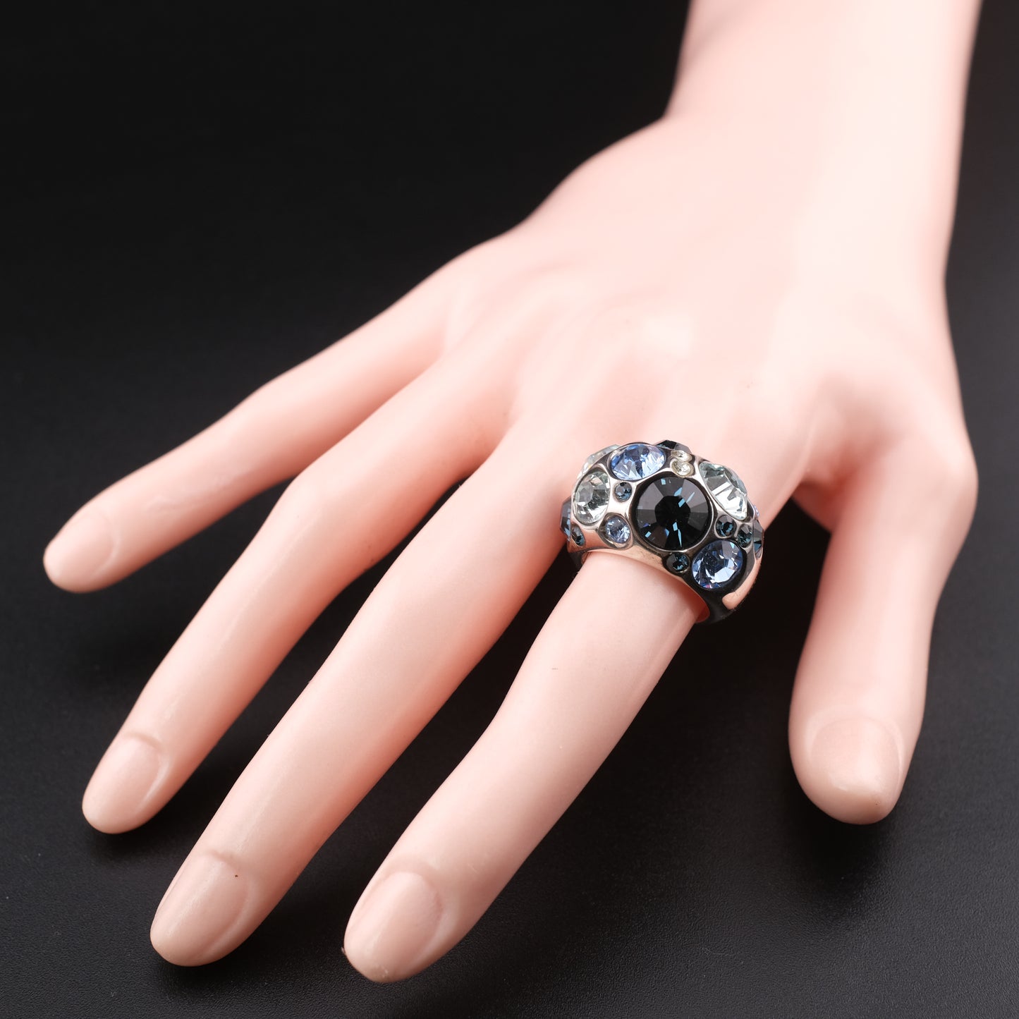 ❤️ Vintage Agatha Paris Crystal Dome Statement Ring Blue Tone Silver Finish Size 5