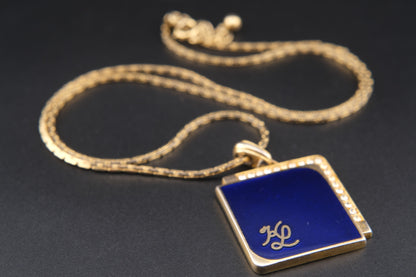 Vintage KL Enamel Pendant Necklace by Karl Lagerfeld – Royal Blue with Pavé Rhinestones