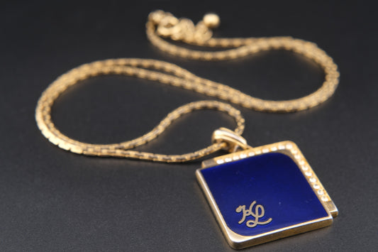 Vintage KL Enamel Pendant Necklace by Karl Lagerfeld – Royal Blue with Pavé Rhinestones