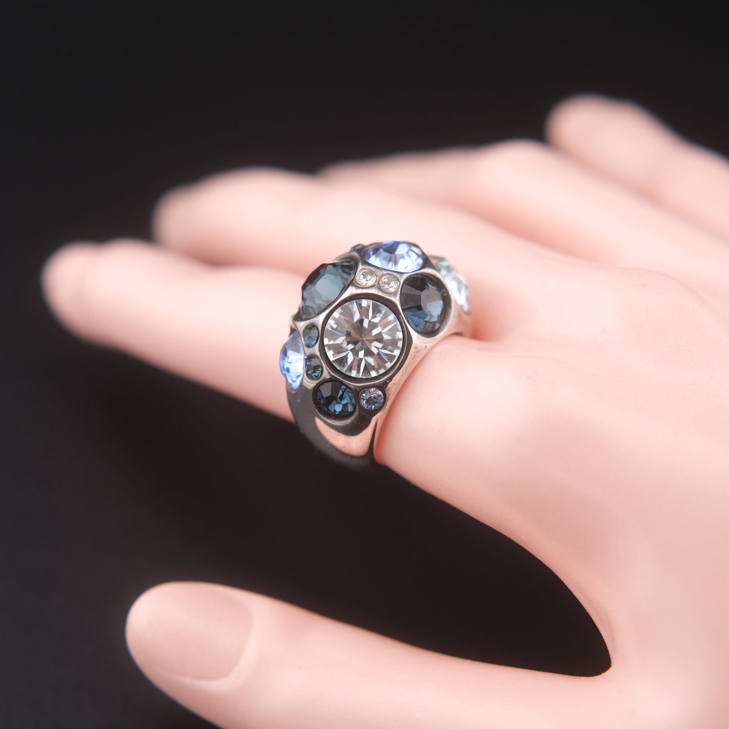 ❤️ Vintage Agatha Paris Crystal Dome Statement Ring Blue Tone Silver Finish Size 5