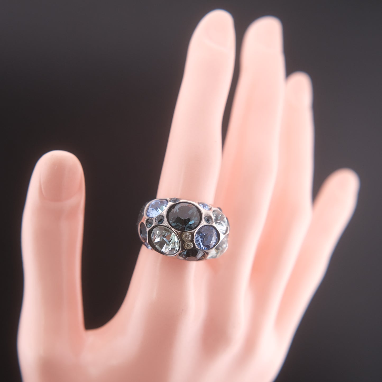 ❤️ Vintage Agatha Paris Crystal Dome Statement Ring Blue Tone Silver Finish Size 5