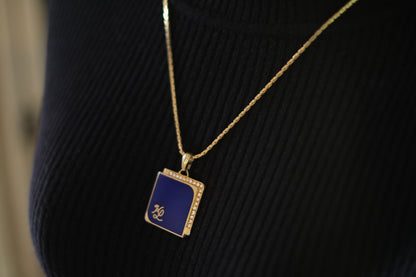 Vintage KL Enamel Pendant Necklace by Karl Lagerfeld – Royal Blue with Pavé Rhinestones