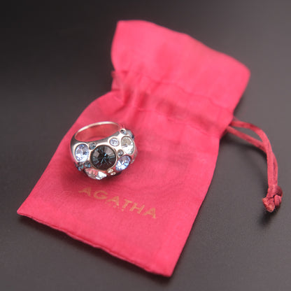 ❤️ Vintage Agatha Paris Crystal Dome Statement Ring Blue Tone Silver Finish Size 5